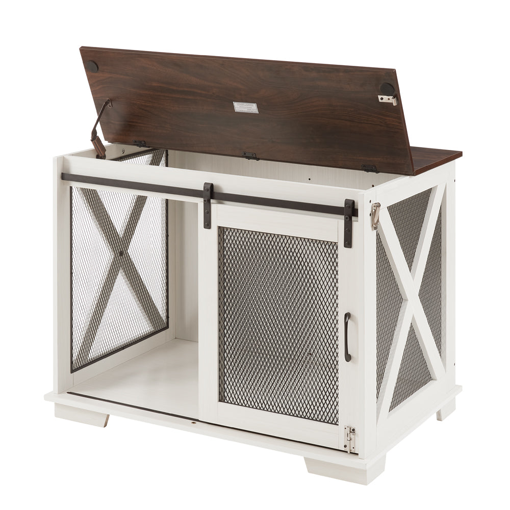 Farm kennel Flat noodles furniture with sliding barn door, farm wooden kennel end table, dog house with removable partition - Korvel