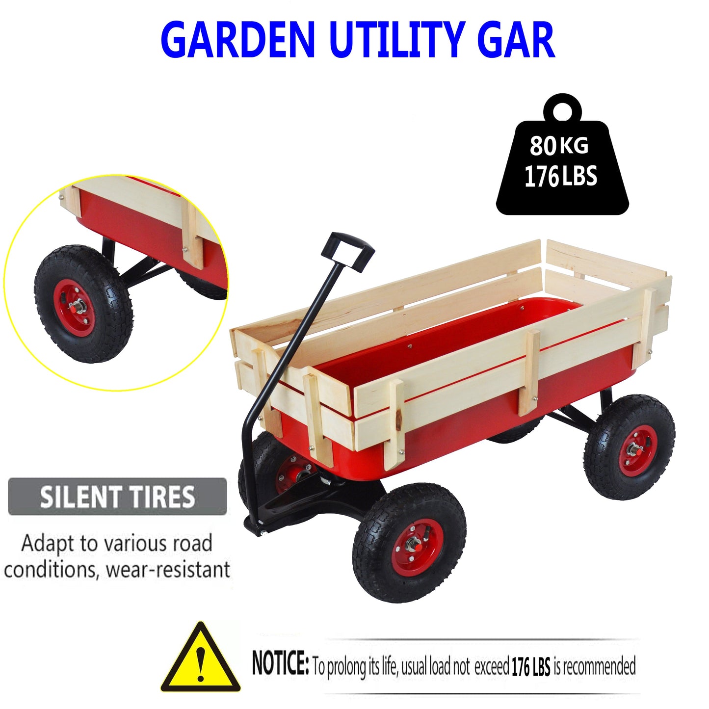 Outdoor Wagon All Terrain Pulling w/Wood Railing Air Tires Children Kid Garden（Red） - Korvel