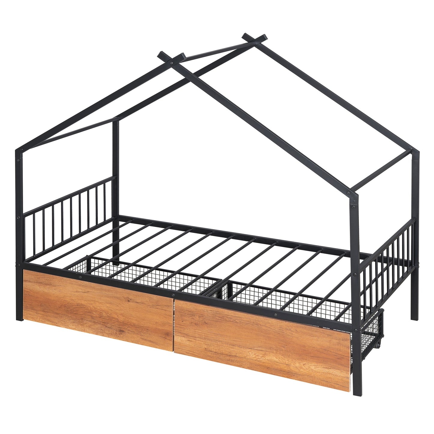 Twin Size Metal House Bed with Two Drawers - Black