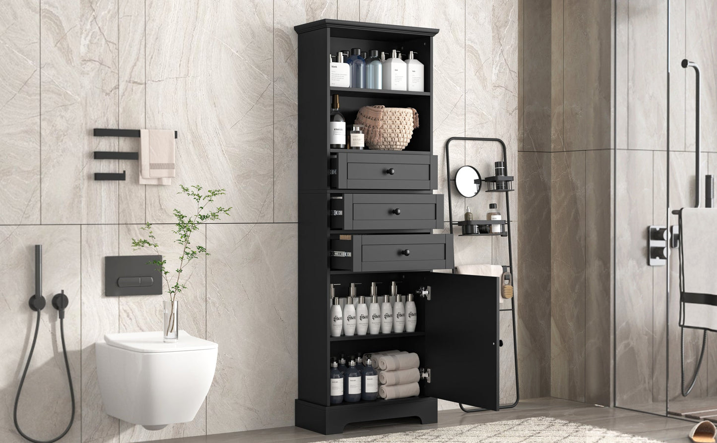 Elegant Black High Storage Cabinet with 3 Drawers