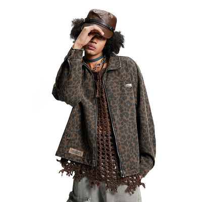 Leopard Print Denim Trucker Jacket for Men