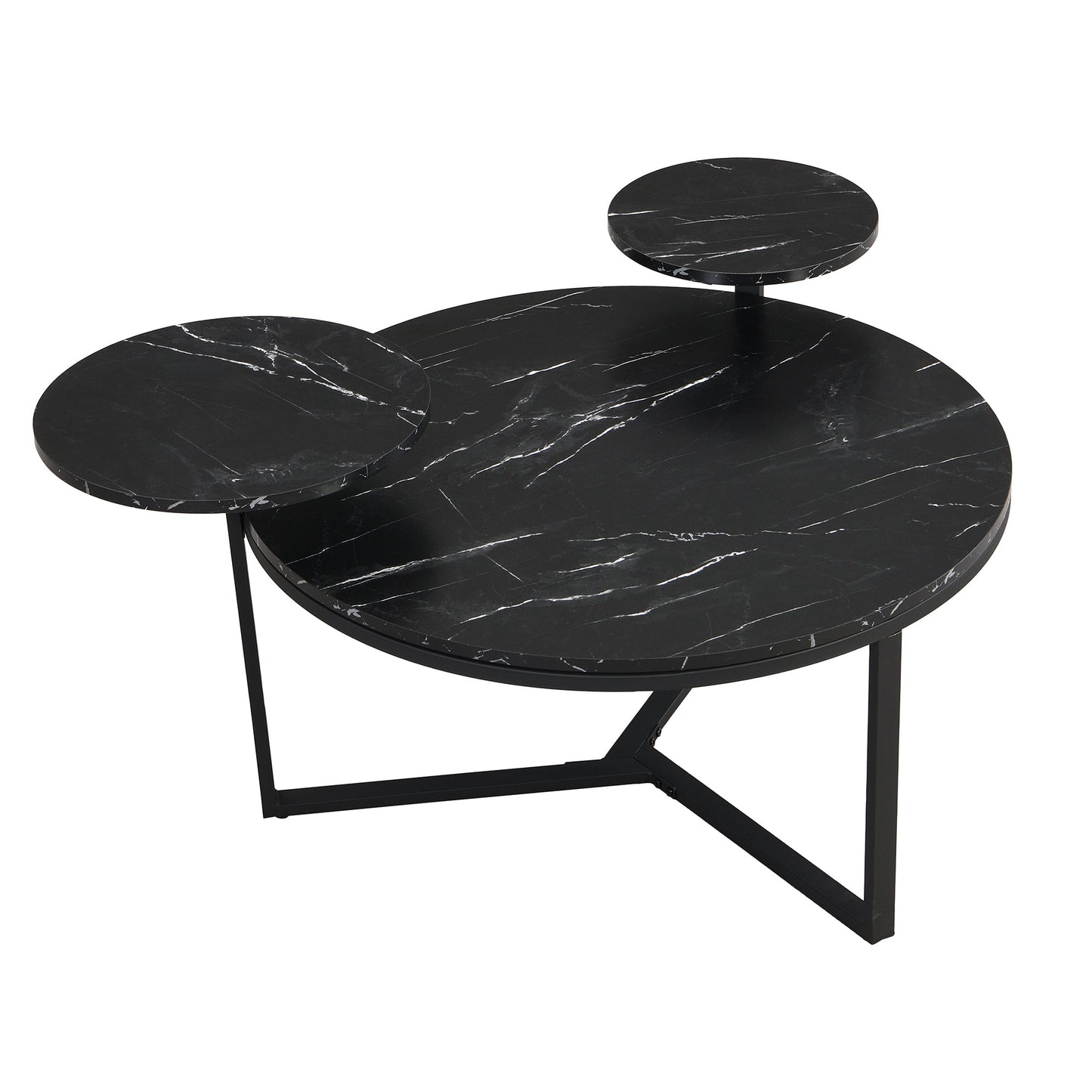 Modern coffee table with two display shelves, Black Faux marble surfaces, Tripod-inspired base,Rounded tabletop edges - Korvel