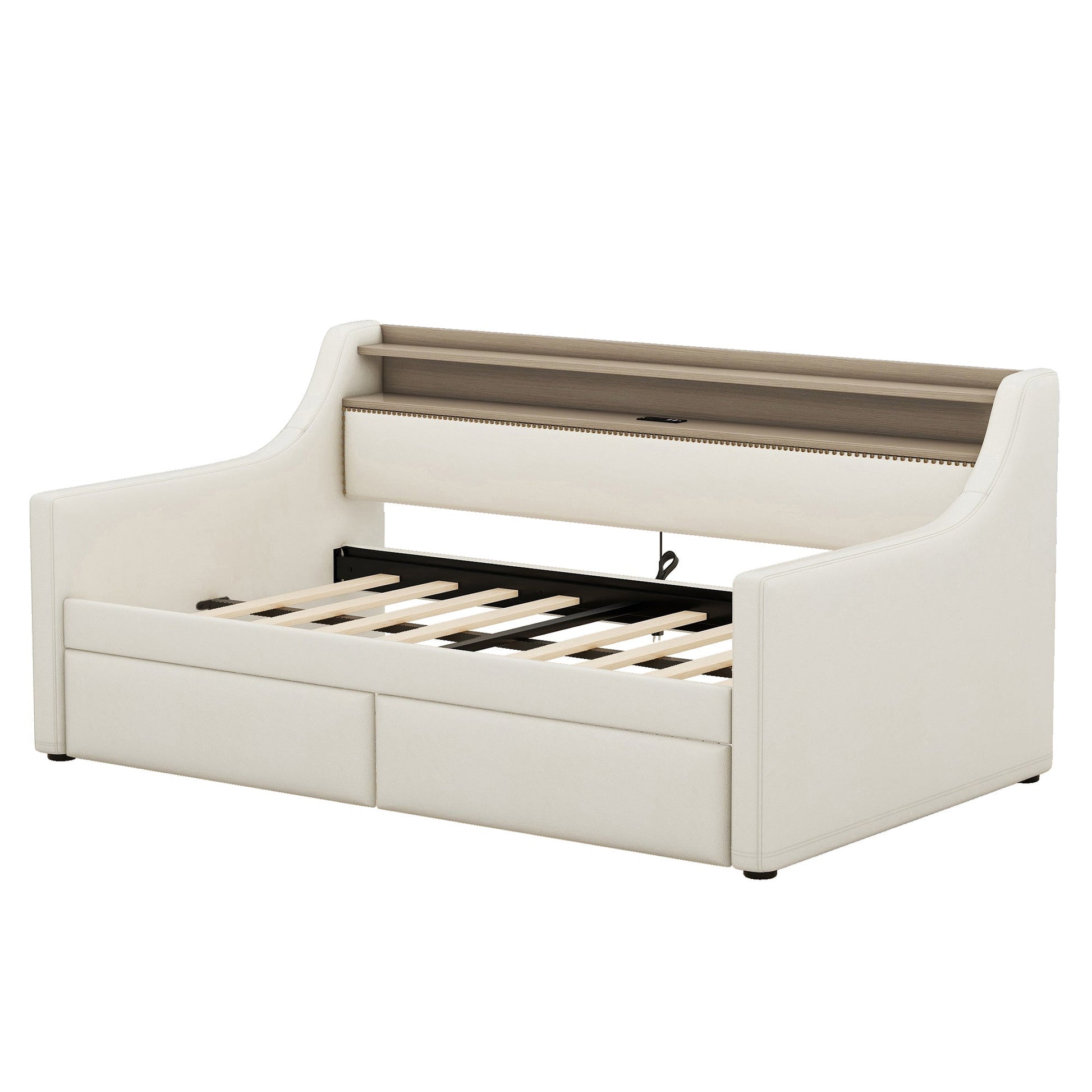 Twin Size Daybed with Storage Drawers, Upholstered Daybed with Charging Station and LED Lights, Beige - Korvel