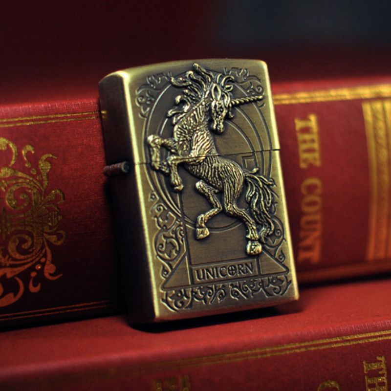 Retro Windproof Kerosene Lighter with Bronze Relief Design
