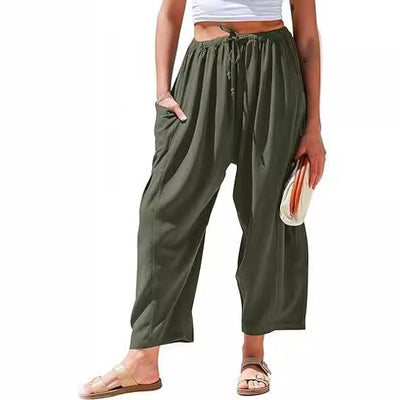 High-Waisted Wide Leg Cotton Linen Trousers for Women
