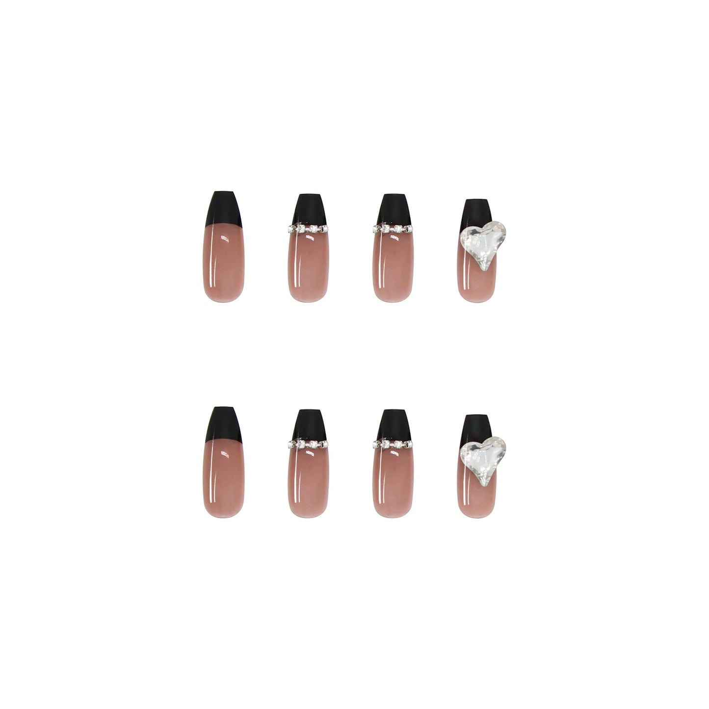 Black French Long Wearing Nail Rhinestone Love Chain Removable Fake Nail Nail Piece Nail Sticker Manicure Nail - Korvel