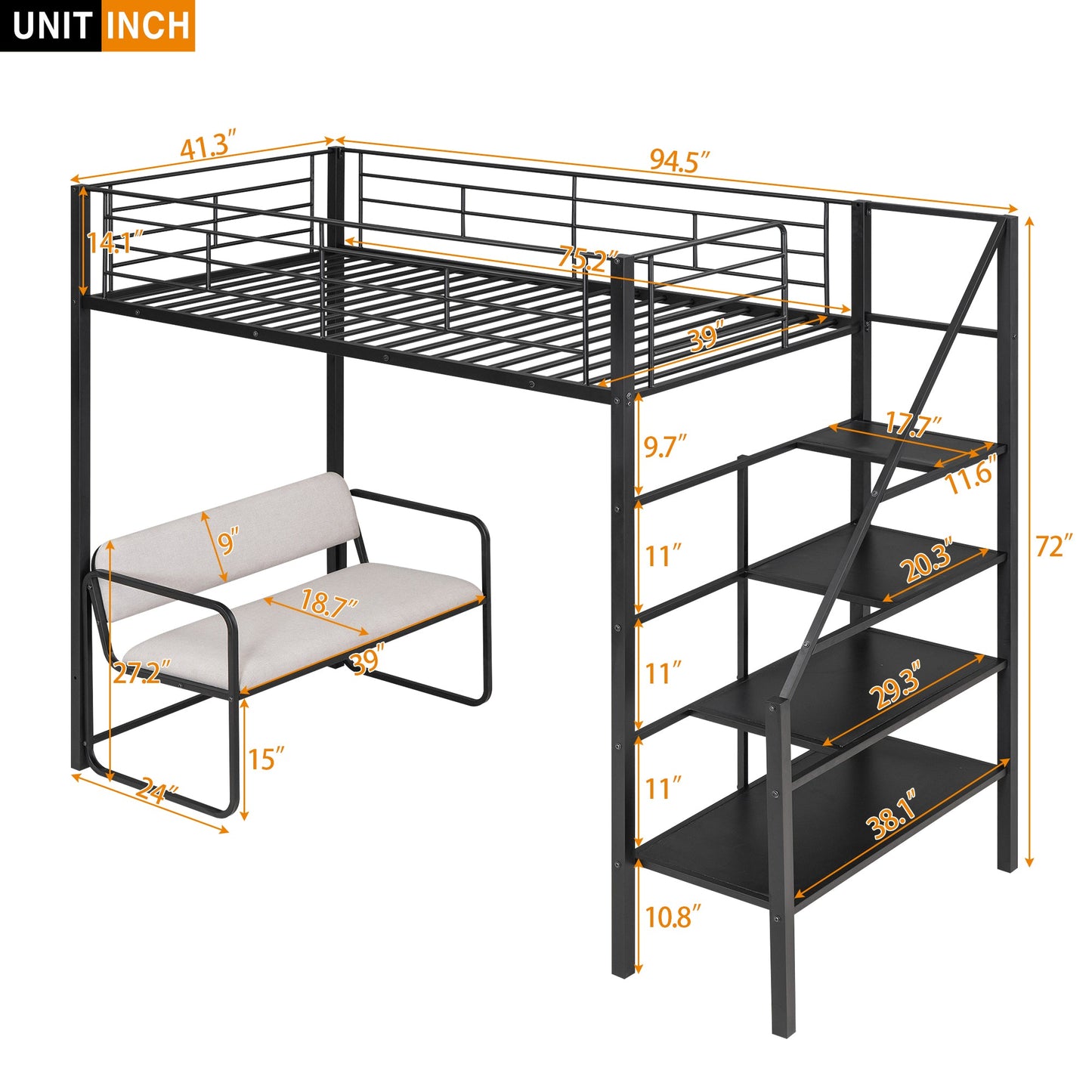 Twin Size Metal Loft Bed with Bench and Storage Staircase  Black - Korvel