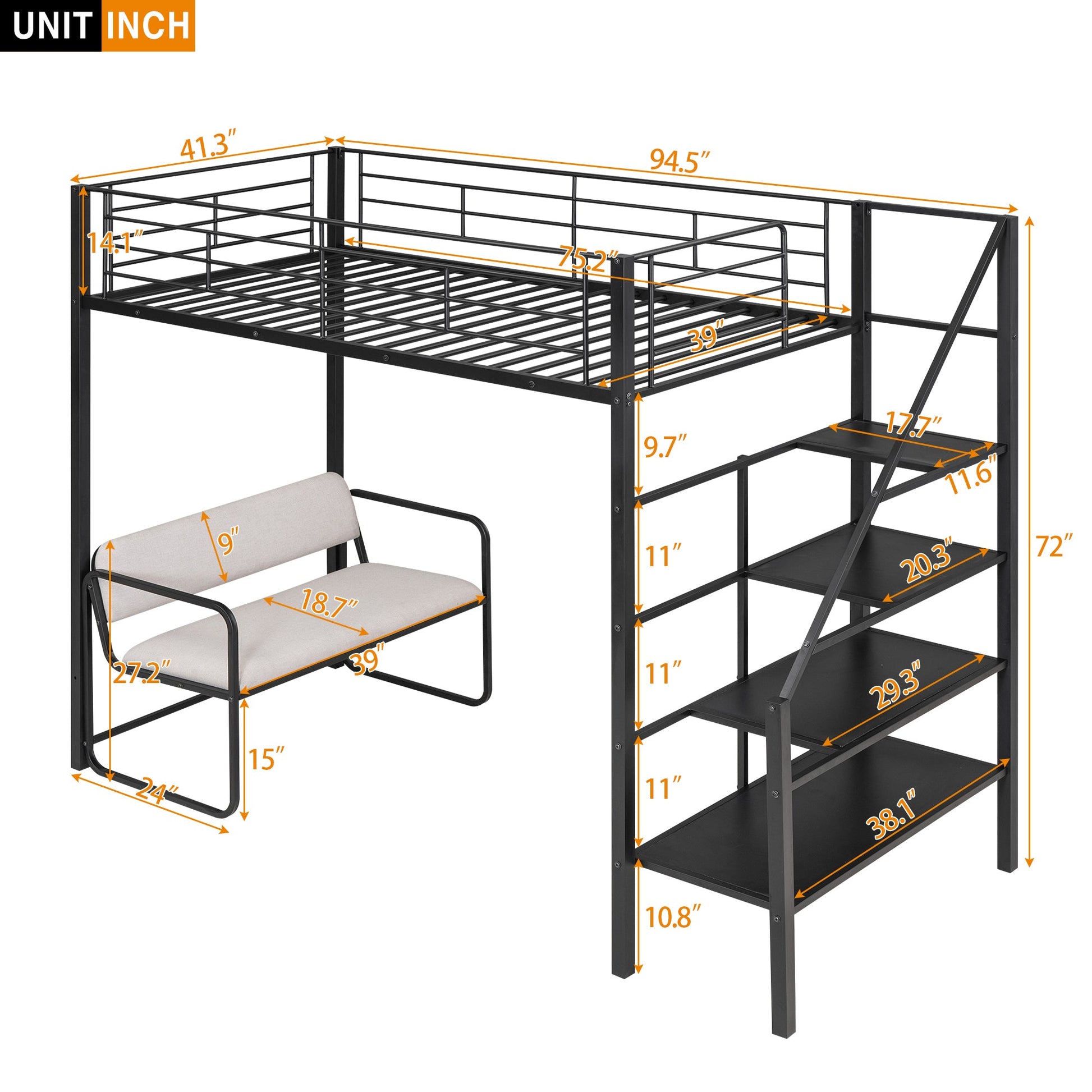 Twin Size Metal Loft Bed with Bench and Storage Staircase  Black - Korvel