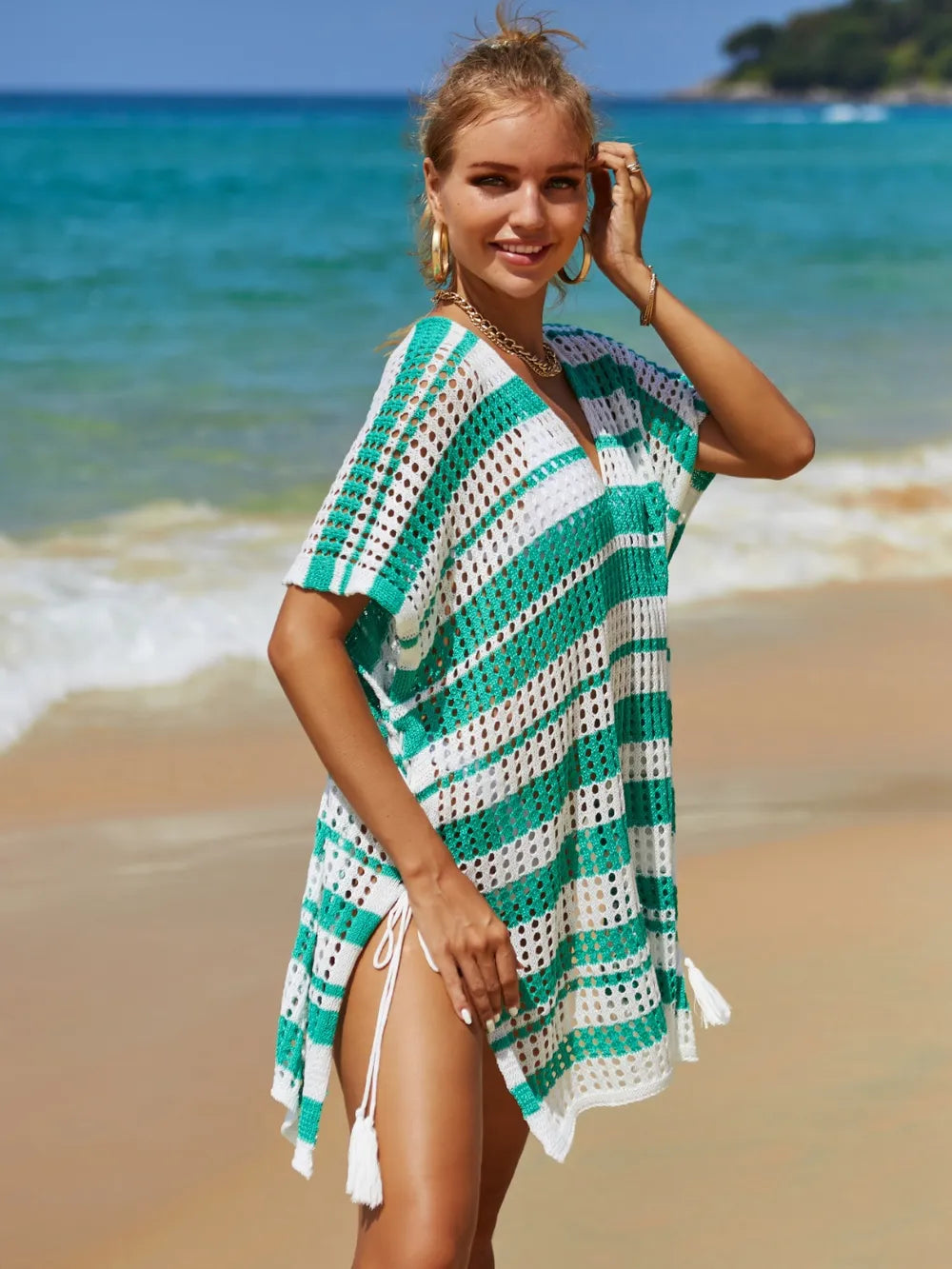 Tassel Openwork Striped V-Neck Cover Up - Korvel