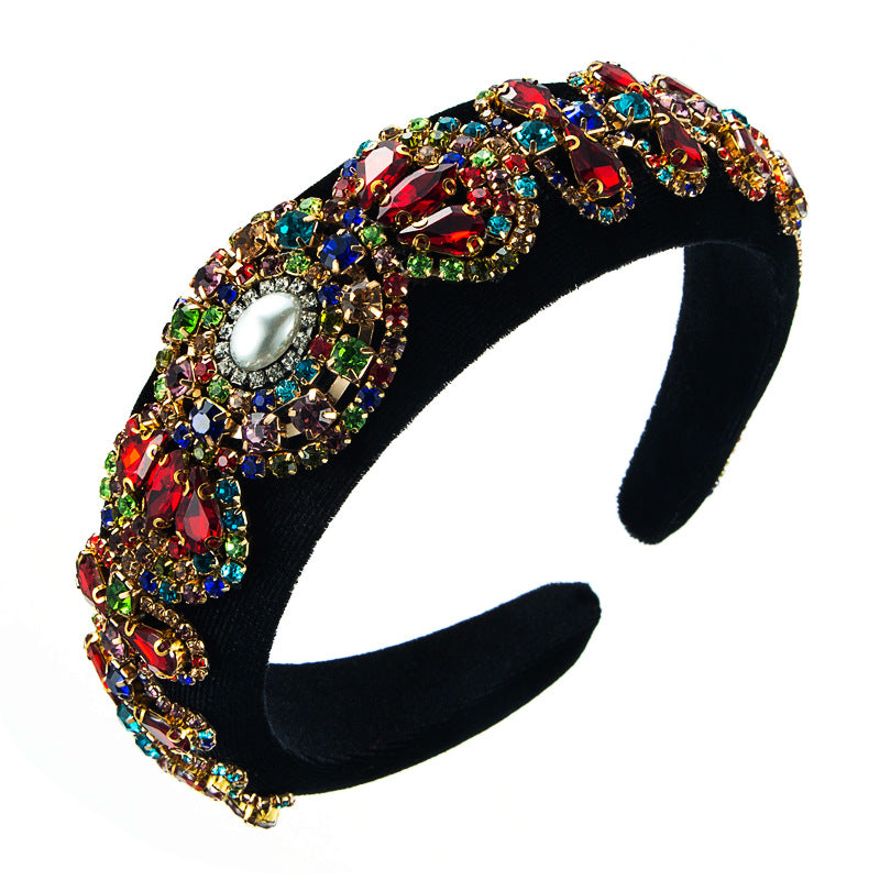 Hair Hoop Heavy Craft Retro Palace Feng Shui Drill Sponge Head Hoop Wide Side Baroque High Skull Top Hair Accessories - Korvel