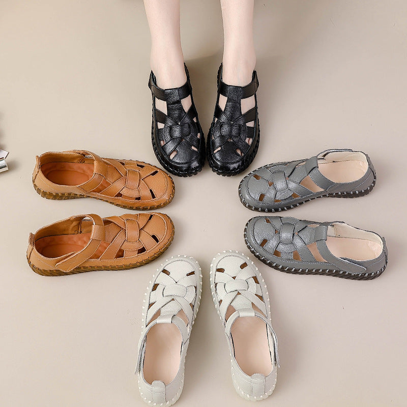 Leather perforated shoes with hollowed out toe caps for women soft soled non slip flat sandals for women - Korvel