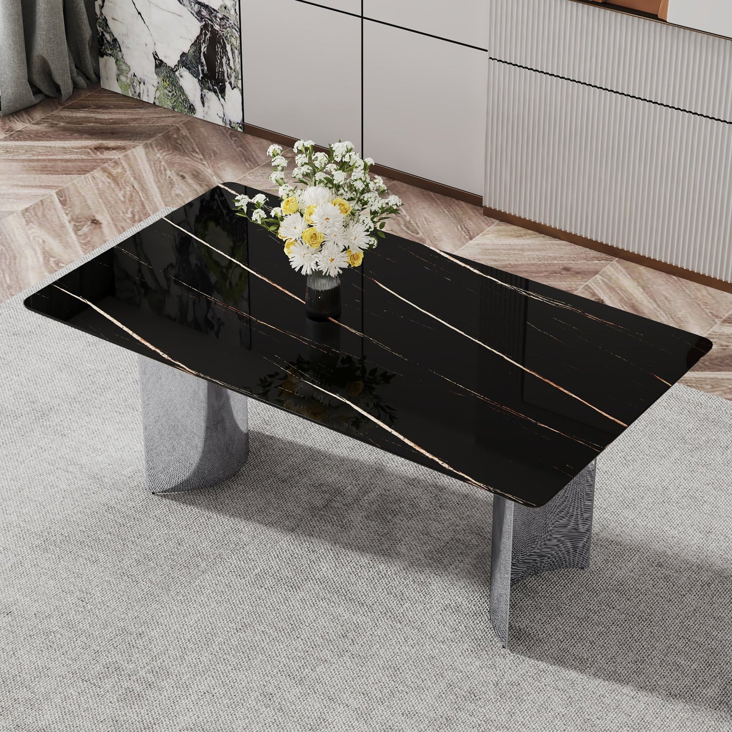 Modern minimalist dining table The black imitation marble glass desktop is equipped with silver metal legs - Korvel