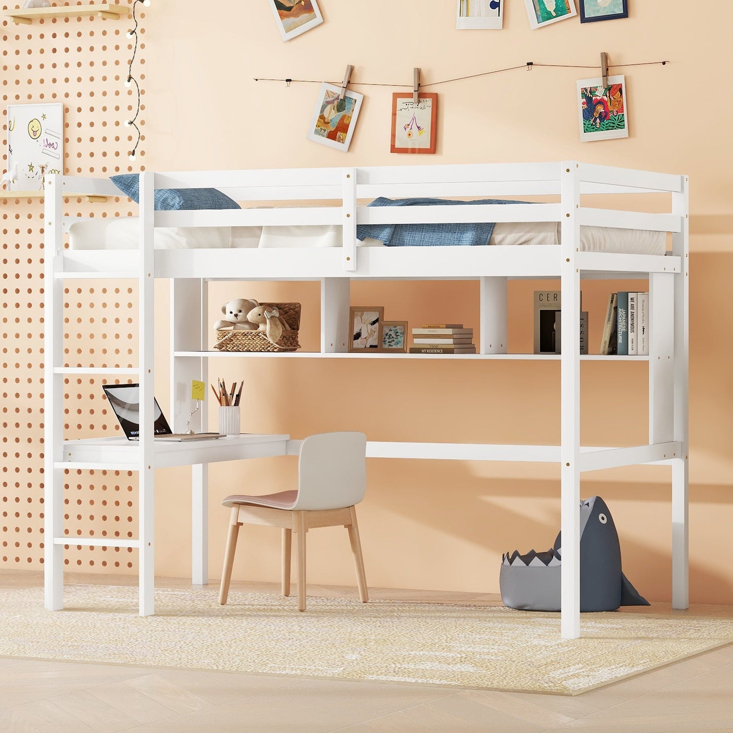 Twin Loft Bed with built-in desk and bookcase of three compartments, Guardrails and Ladder,White - Korvel