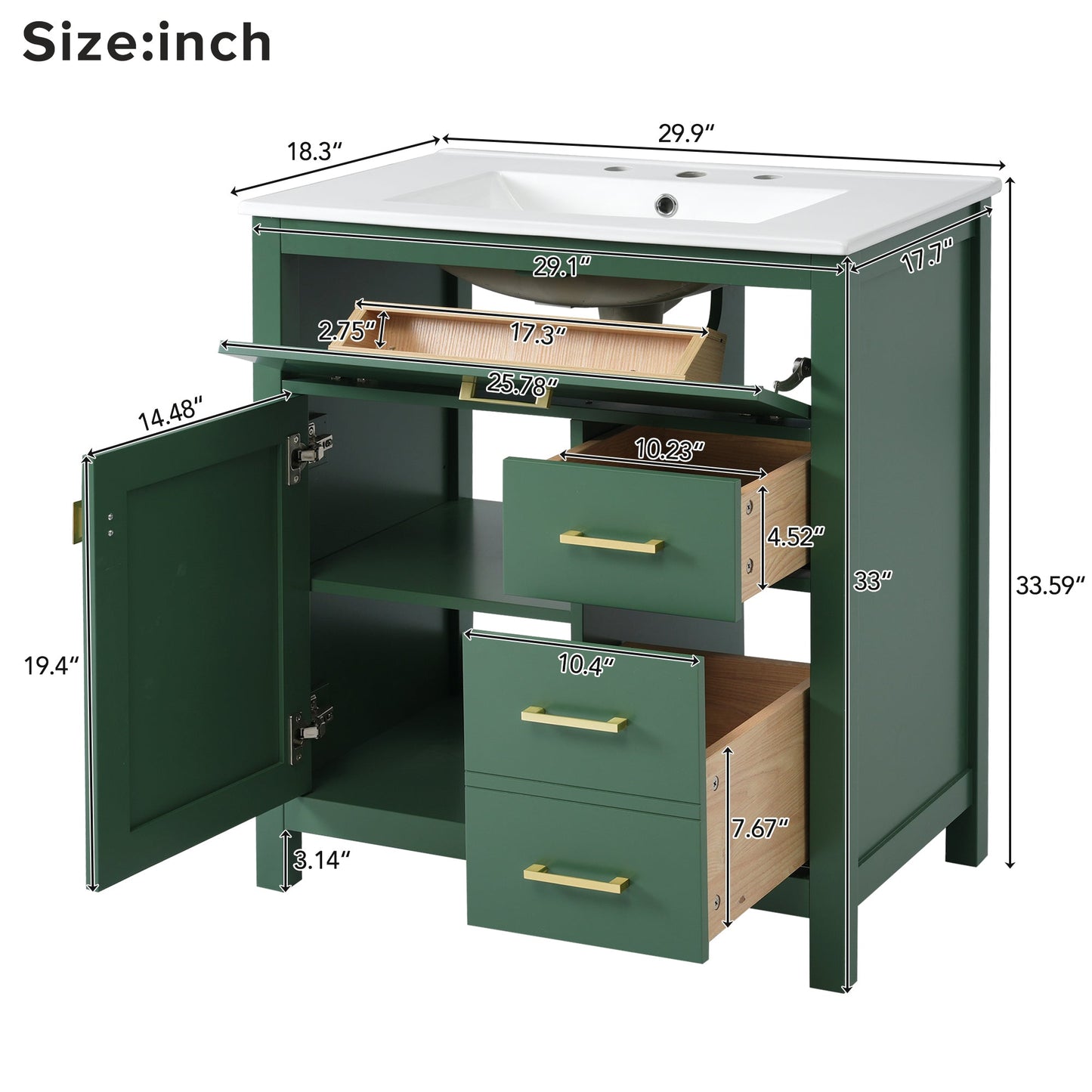 30-Inch Green Bathroom Vanity with Ceramic Sink