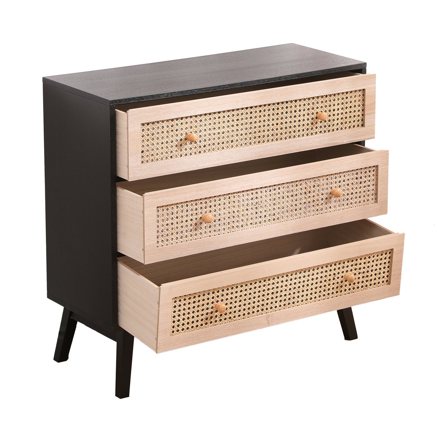 31.5 "3-Drawers Rattan Storage Cabinet Rattan Drawer,for Bedroom,Living Room,Natural drawer and black panel - Korvel