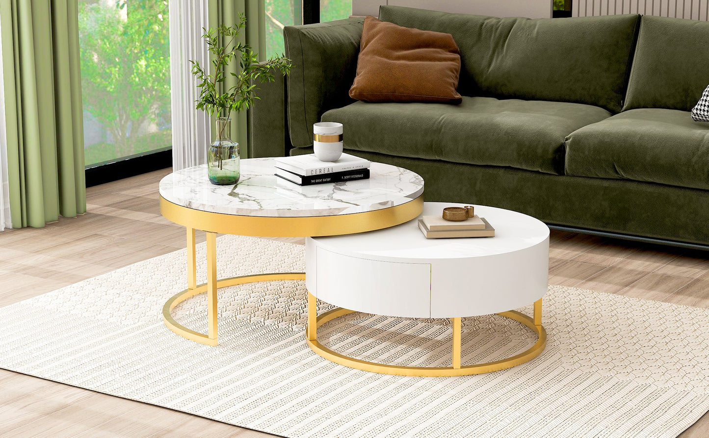 Mesa de café moderna redonda apilable con cajones en blanco