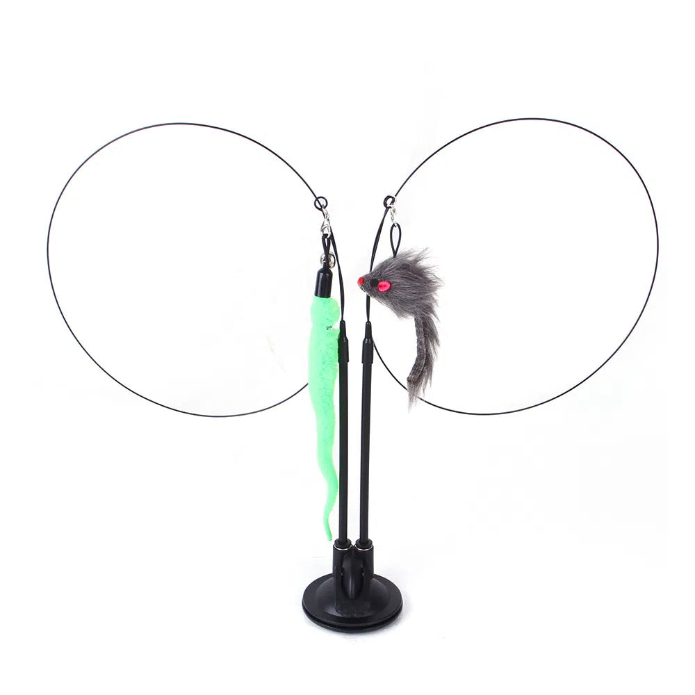 Suction cup cat toy stick that can be attached and held with steel wire multi head interchangeable cat toy and pet supplies - Korvel