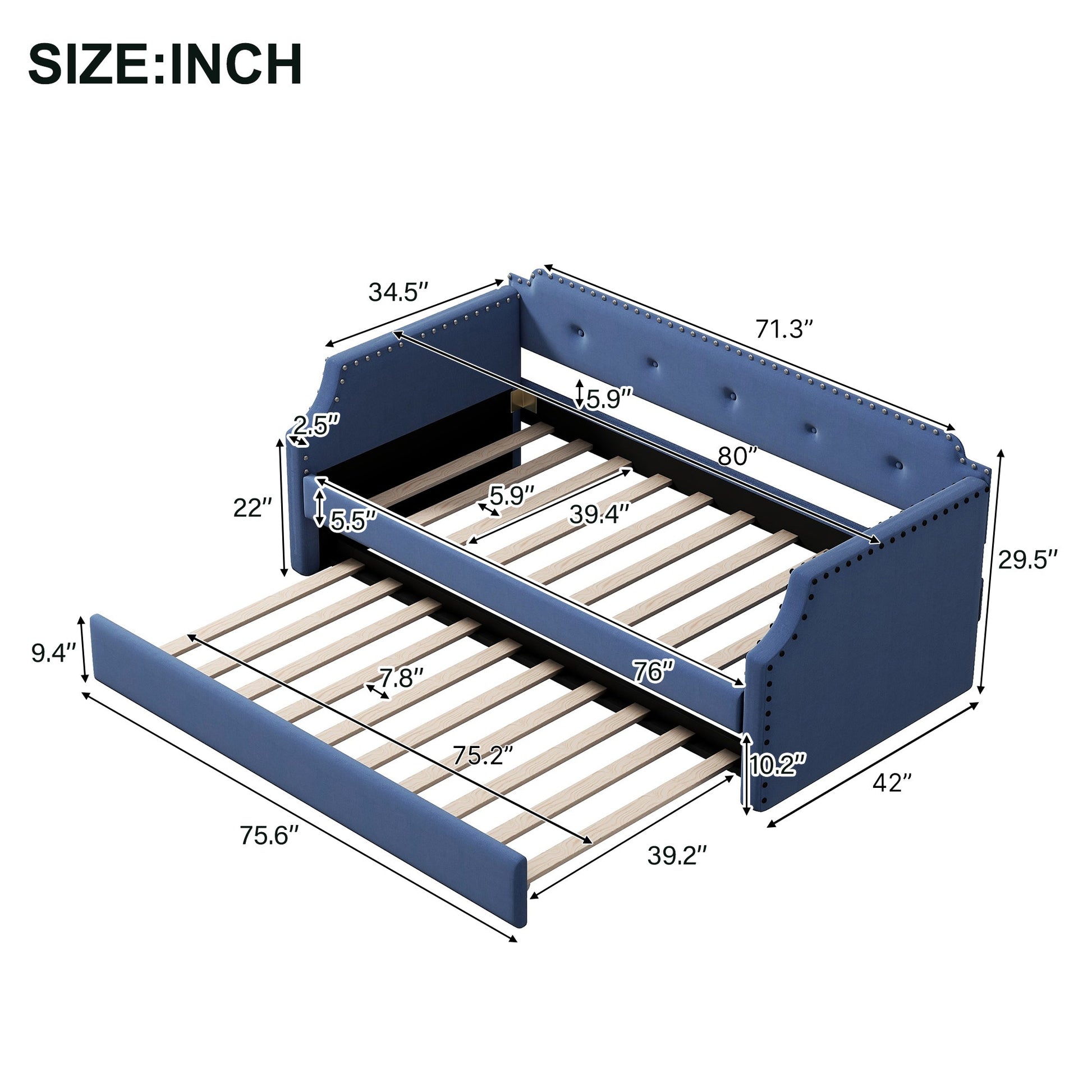 Upholstered Daybed with Trundle, Wood Slat Support,Upholstered Frame Sofa Bed Twin Blue - Korvel