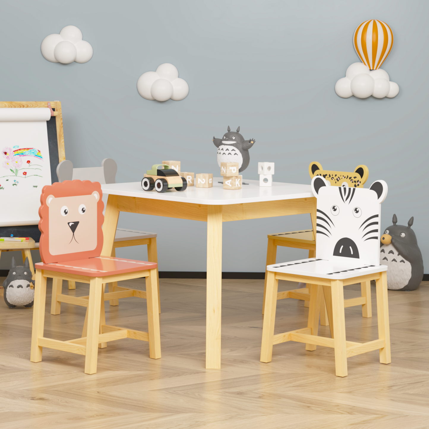 Juego de Mesa y Sillas para Niños de 5 Piezas - Mesa de Madera para Niños con 4 Sillas de Dibujos An