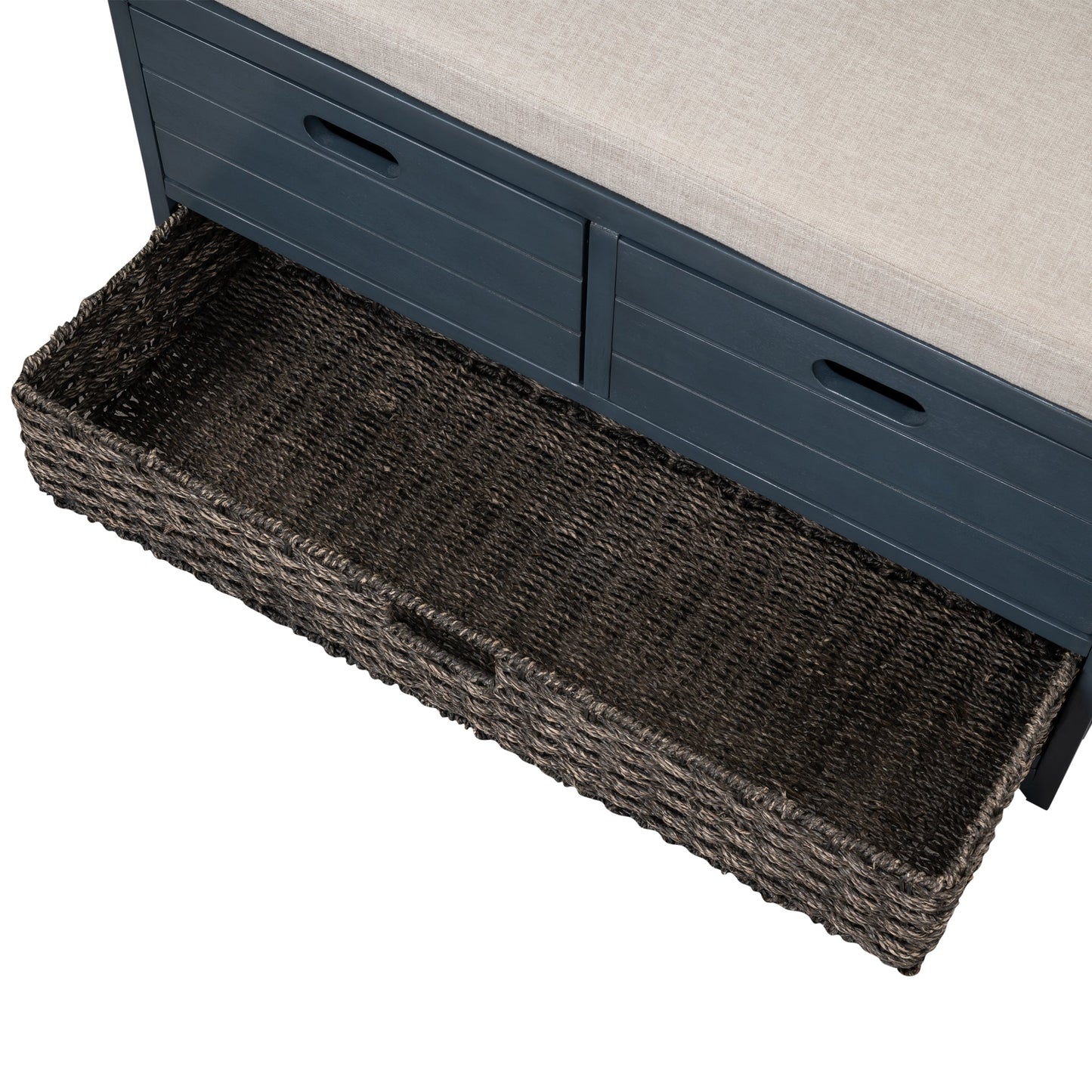 TREXM Storage Bench with Removable Basket and 2 Drawers, Fully Assembled Shoe Bench with Removable Cushion (Navy) - Korvel