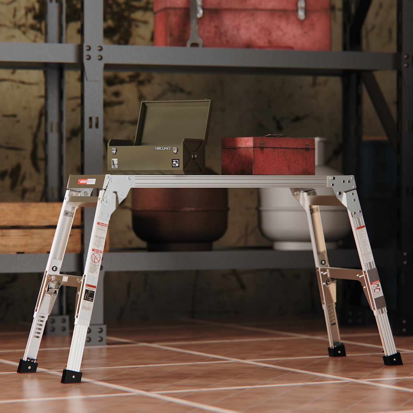 Aluminum Work Platform Large Size Step Stool Folding Portable Work Bench 40" Width Telescopic Feet 22" -27.5" Height Adjustable - Korvel