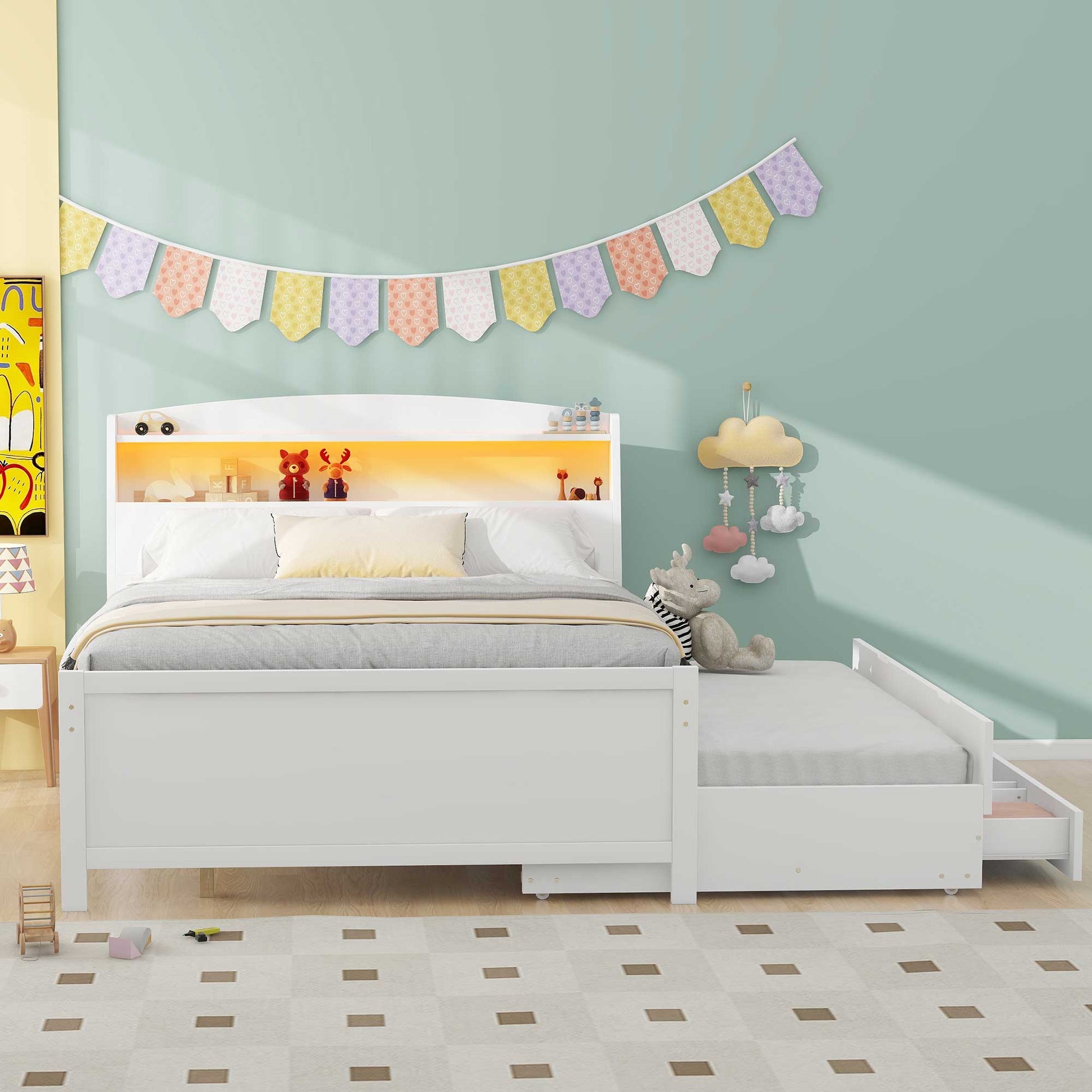 Full Size Platform Bed with Storage LED Headboard  Twin Size Trundle and 3 Drawers White - Korvel