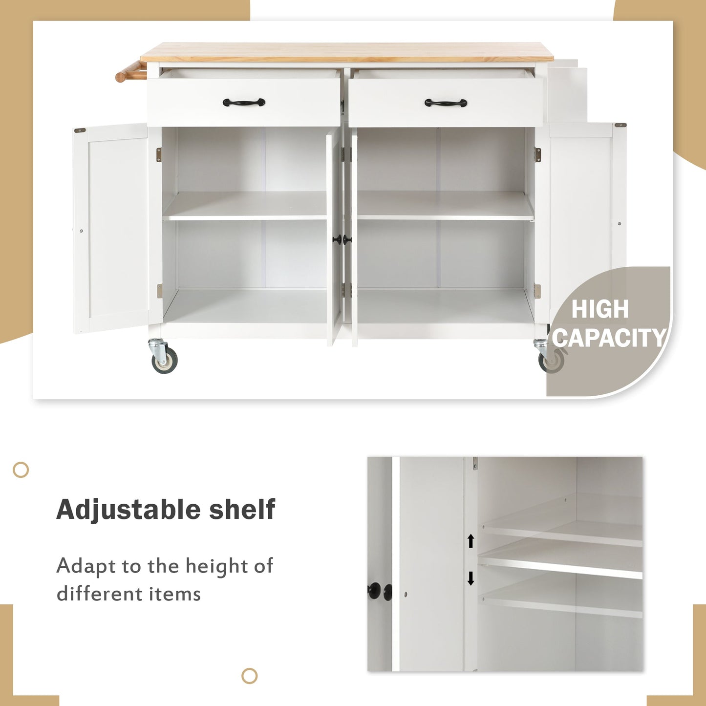 Kitchen Island Cart with Solid Wood Top and Locking Wheels 54.3 Inch Width  (White) - Korvel