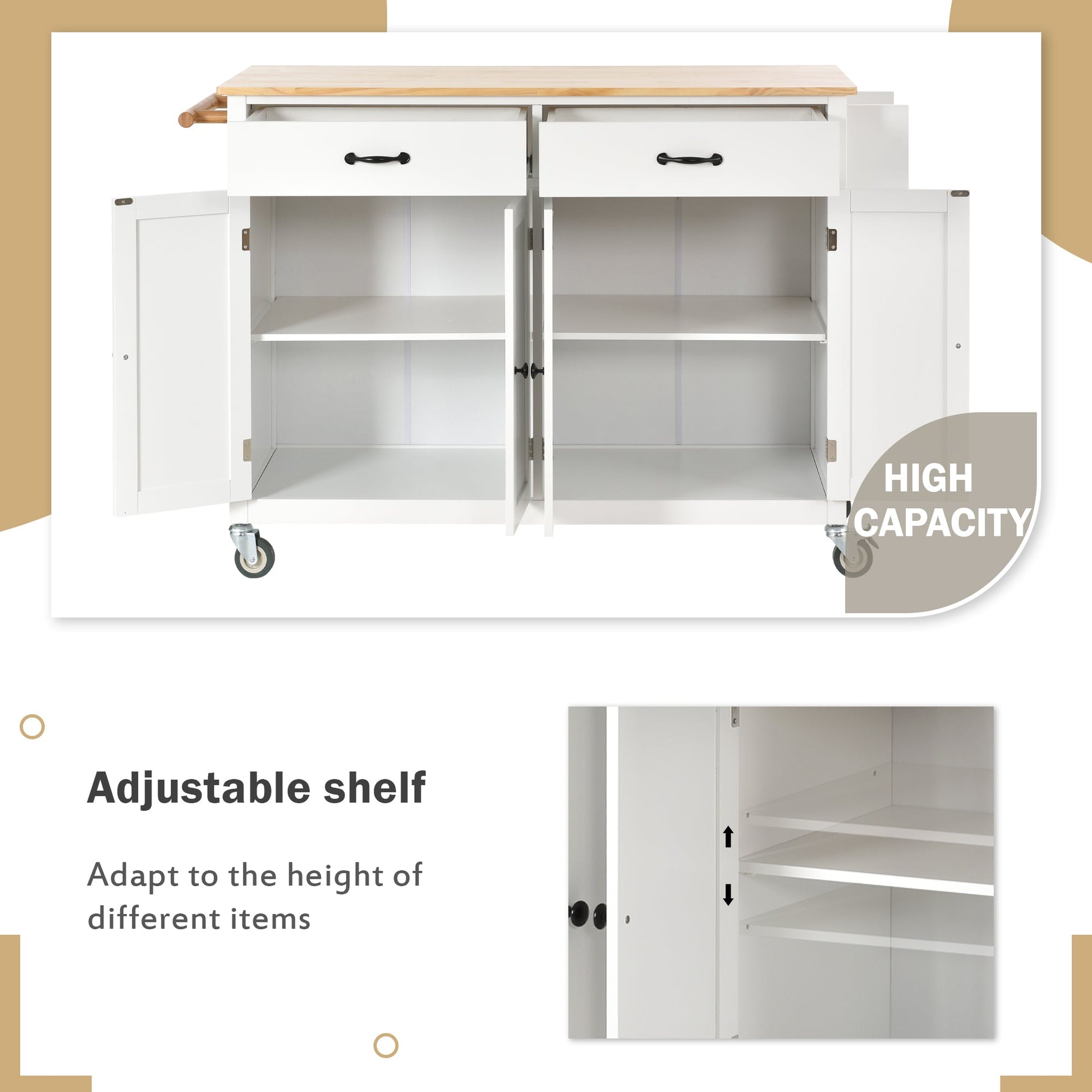 Kitchen Island Cart with Solid Wood Top and Locking Wheels 54.3 Inch Width  (White) - Korvel