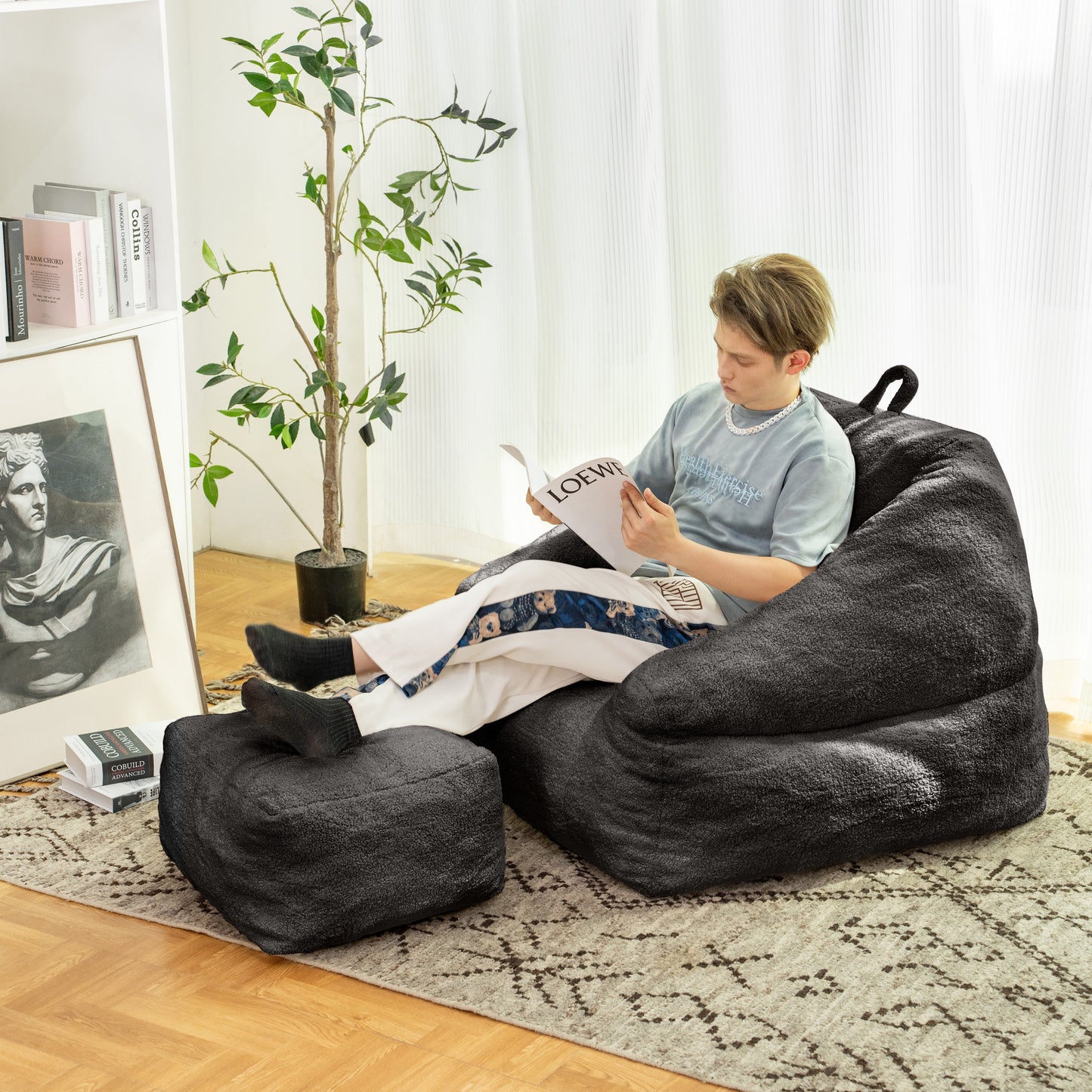 Beanbag chair with filler, beanbag sofa with tufted soft filler with memory foam, black - Korvel