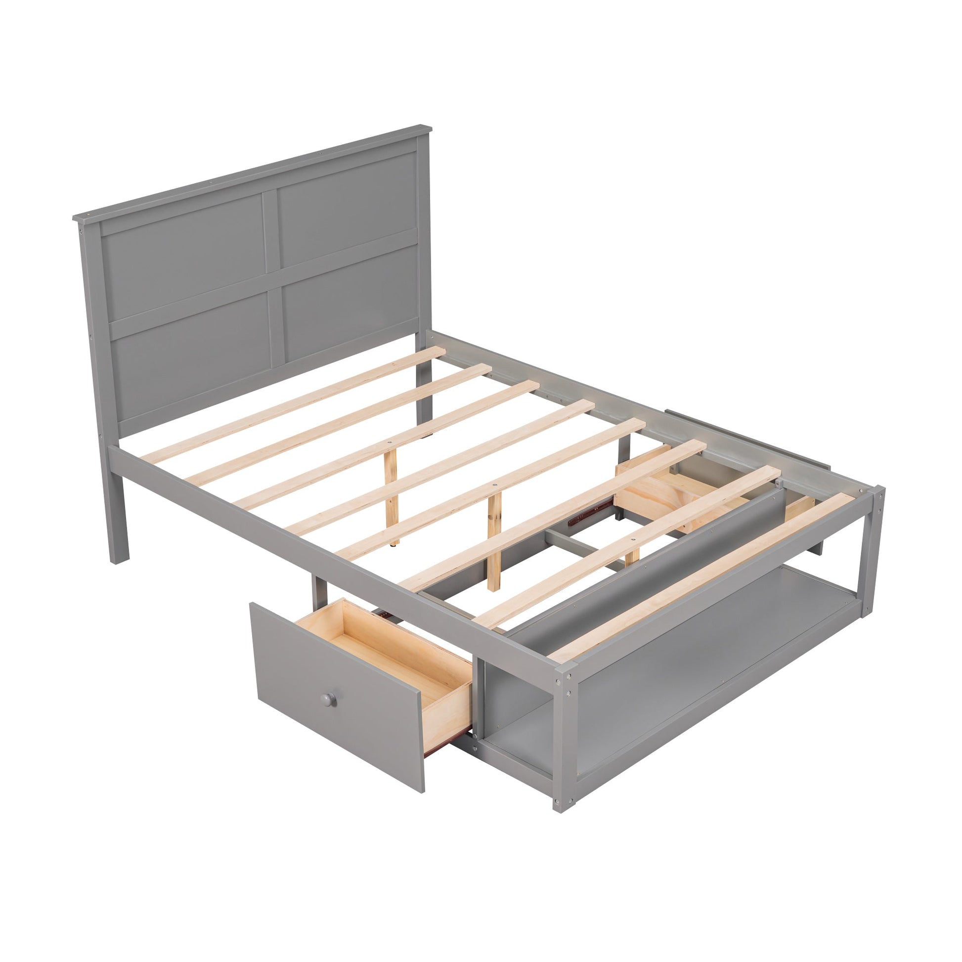 Full Size Platform Bed with Drawer on the Each Side and Shelf on the End of the Bed Gray - Korvel