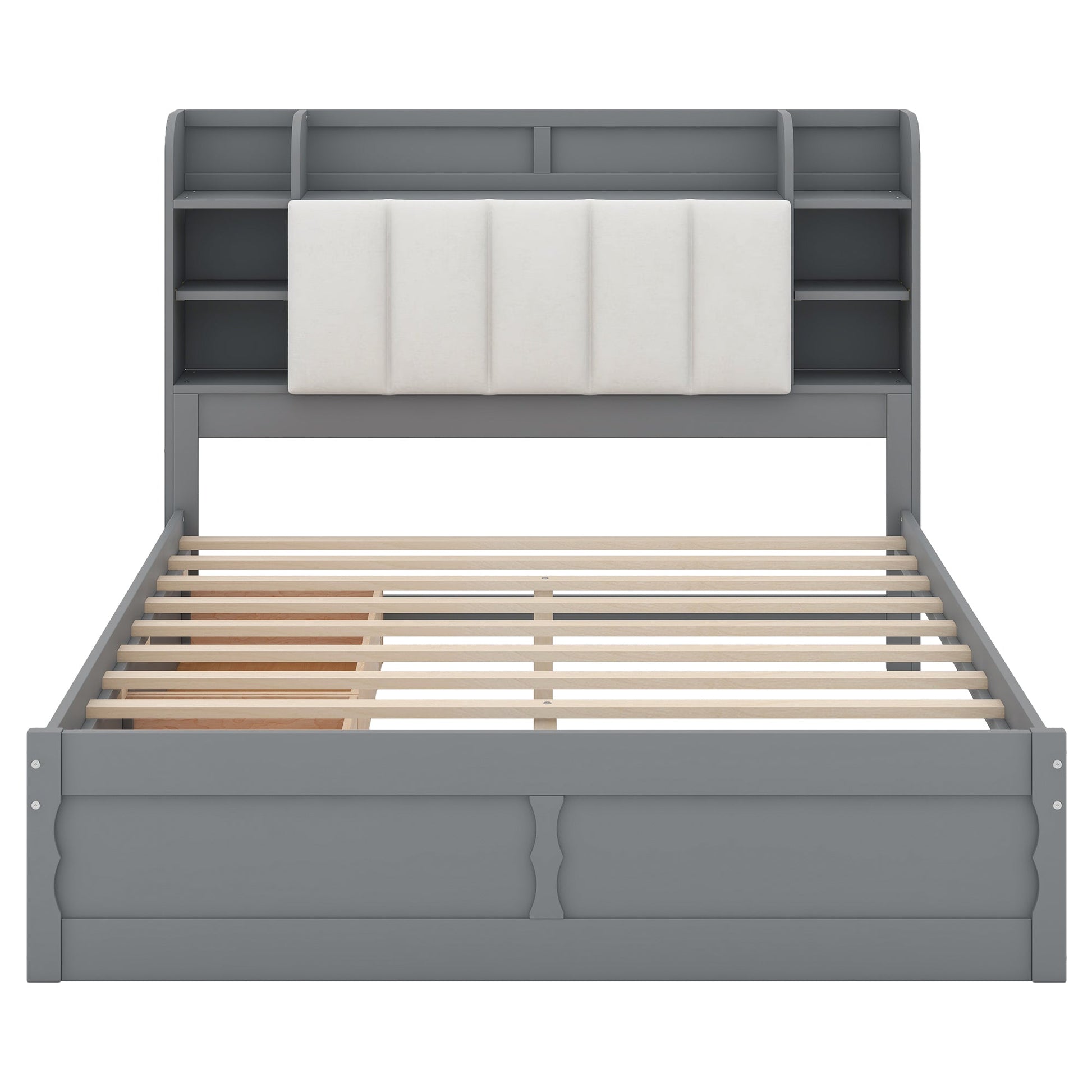 Wood Queen Size Platform Bed with Storage Headboard  Shelves and 2 Drawers  Gray - Korvel