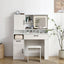 Vanity table with large sliding lighted mirror dressing table with 2 drawers storage shelves and upholstered stool white color - Korvel
