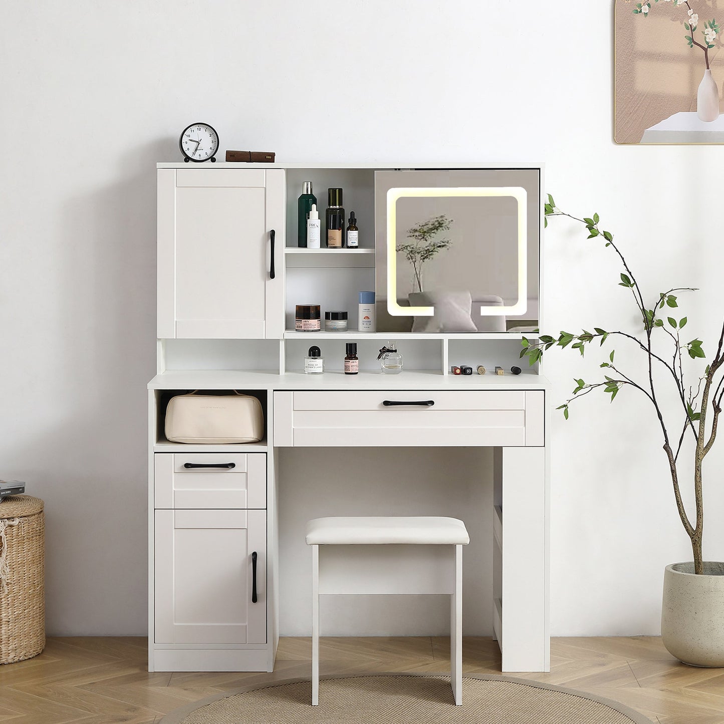 Vanity table with large sliding lighted mirror dressing table with 2 drawers storage shelves and upholstered stool white color - Korvel
