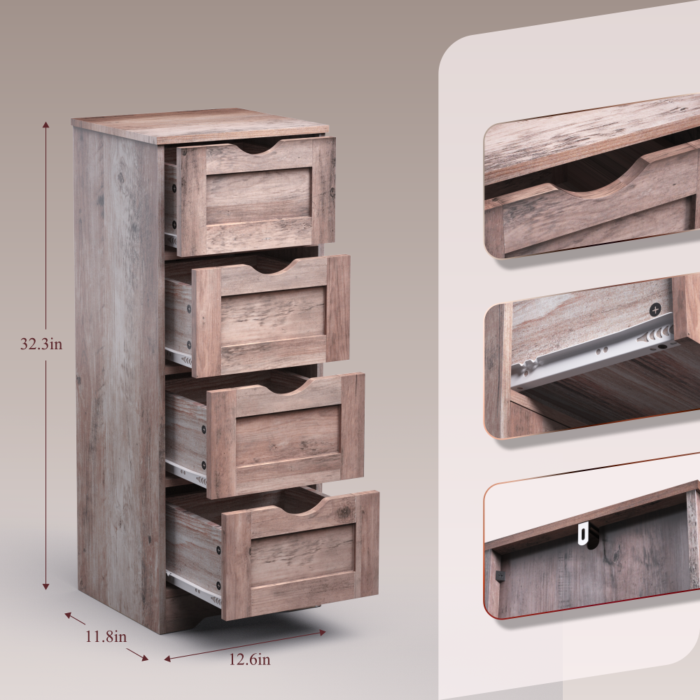 Floor Cabinet Wooden Storage Cabinet Home Office Living Room Bathroom Side Table Sturdy Modern 4 Drawers Grey - Korvel