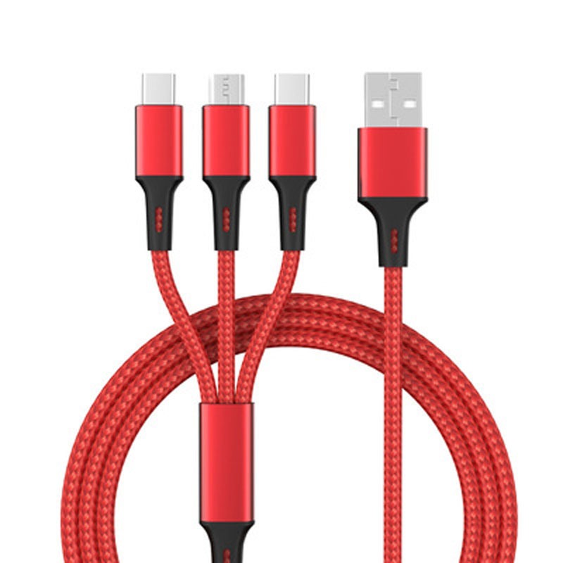 One to three data cable nylon braided three head fast charging mobile phone charging cable - Korvel