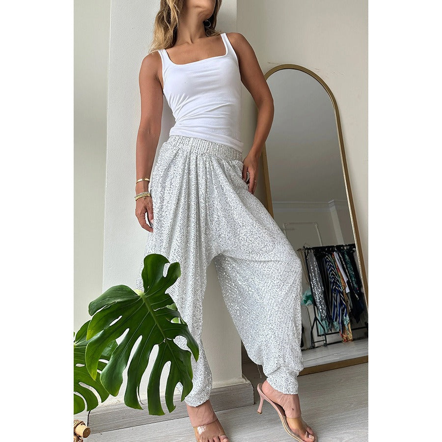 Loose sequin trousers INS elastic waist casual bloomers - Korvel