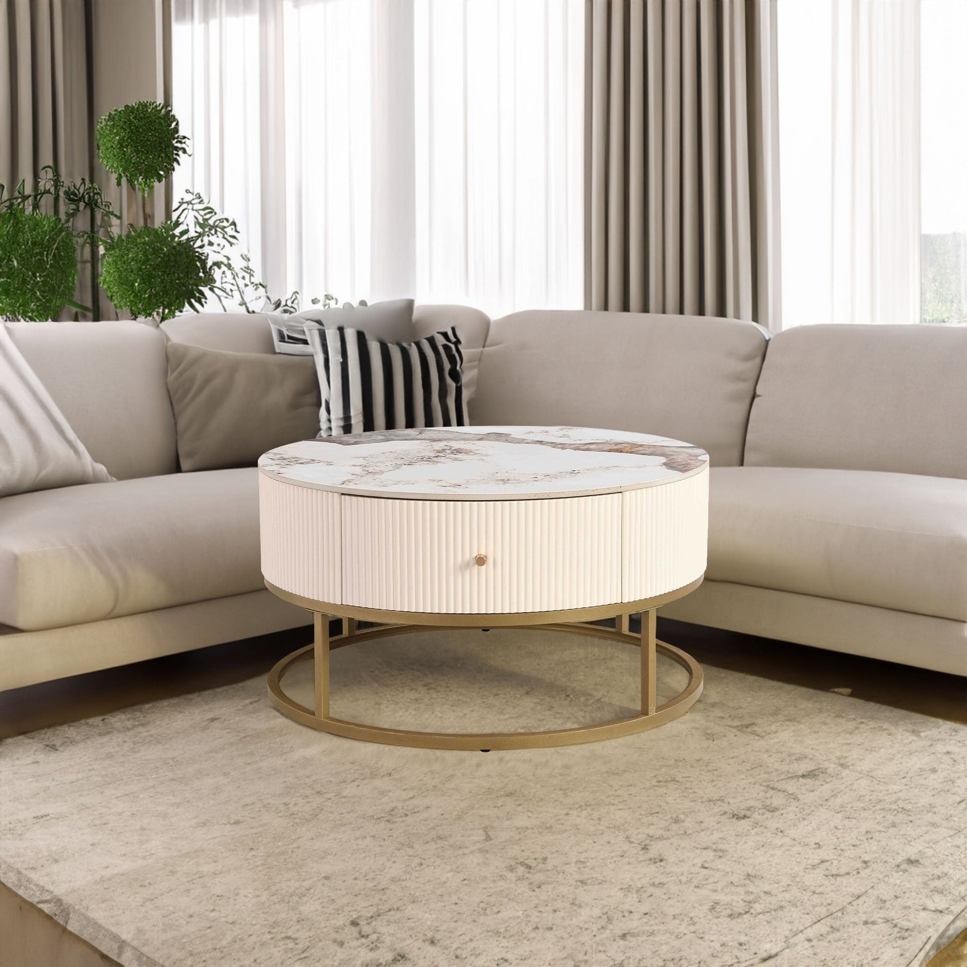 31.5 Inch Modern Round Coffee Table with Drawers, Marble Table with Storage, Coffee Table for Living Room - Korvel