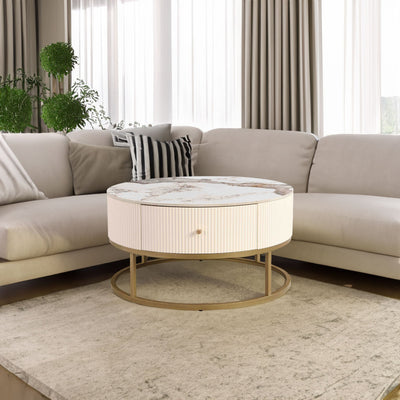 31.5 Inch Modern Round Coffee Table with Drawers, Marble Table with Storage, Coffee Table for Living Room - Korvel