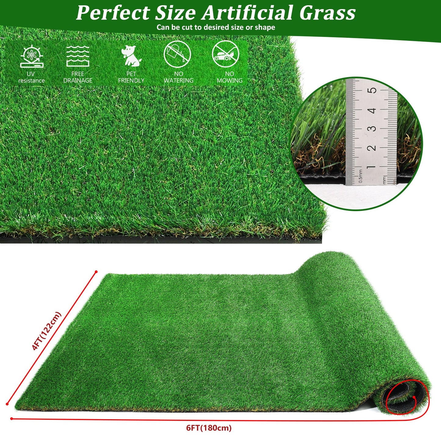 4FTX6FT outdoor artificial grass running blanket, thick and realistic fake grass roll with a pile height of 1.38 inches - Korvel