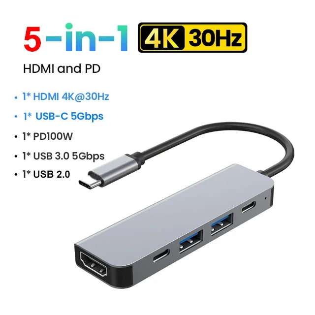 5-in-1 Type-C to HDMI Adapter USB C HUB 4K30Hz PD100W Docking Station USB-C 3.1 Splitter for MacBook iPad Pro Huawei USB 3.0 HUB - Korvel