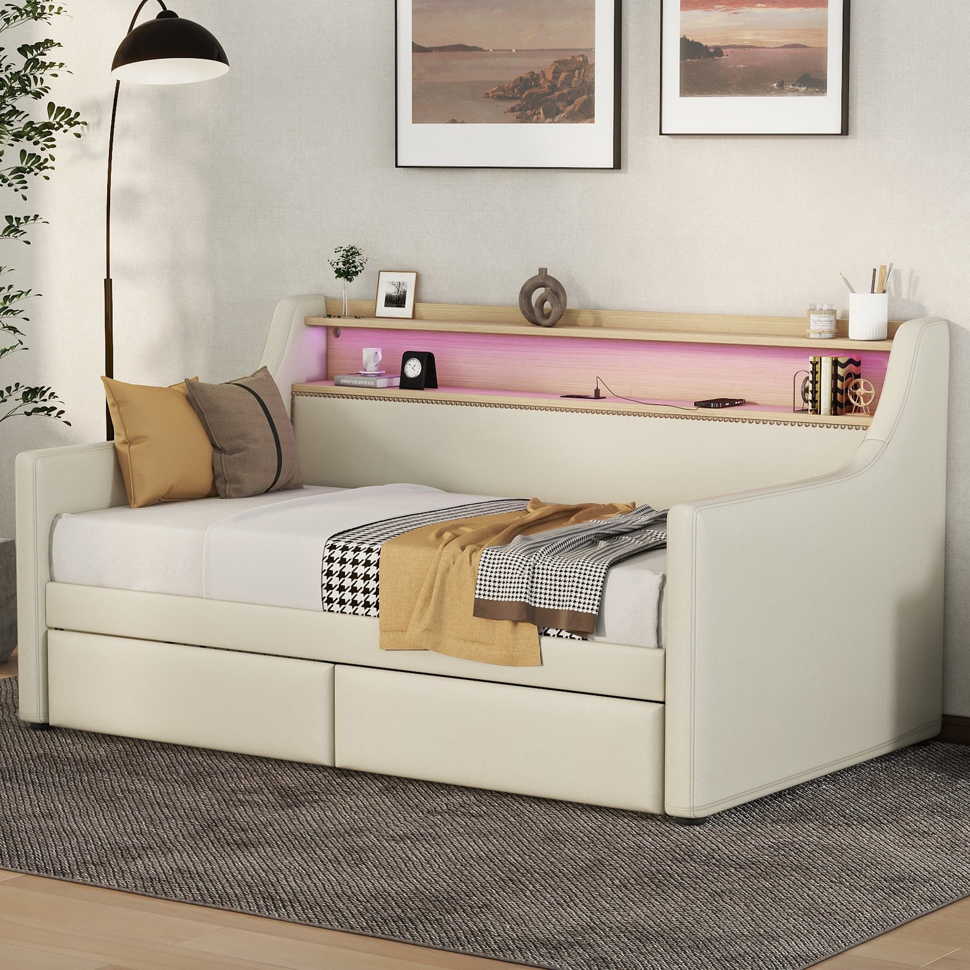 Twin Size Daybed with Storage Drawers, Upholstered Daybed with Charging Station and LED Lights, Beige - Korvel