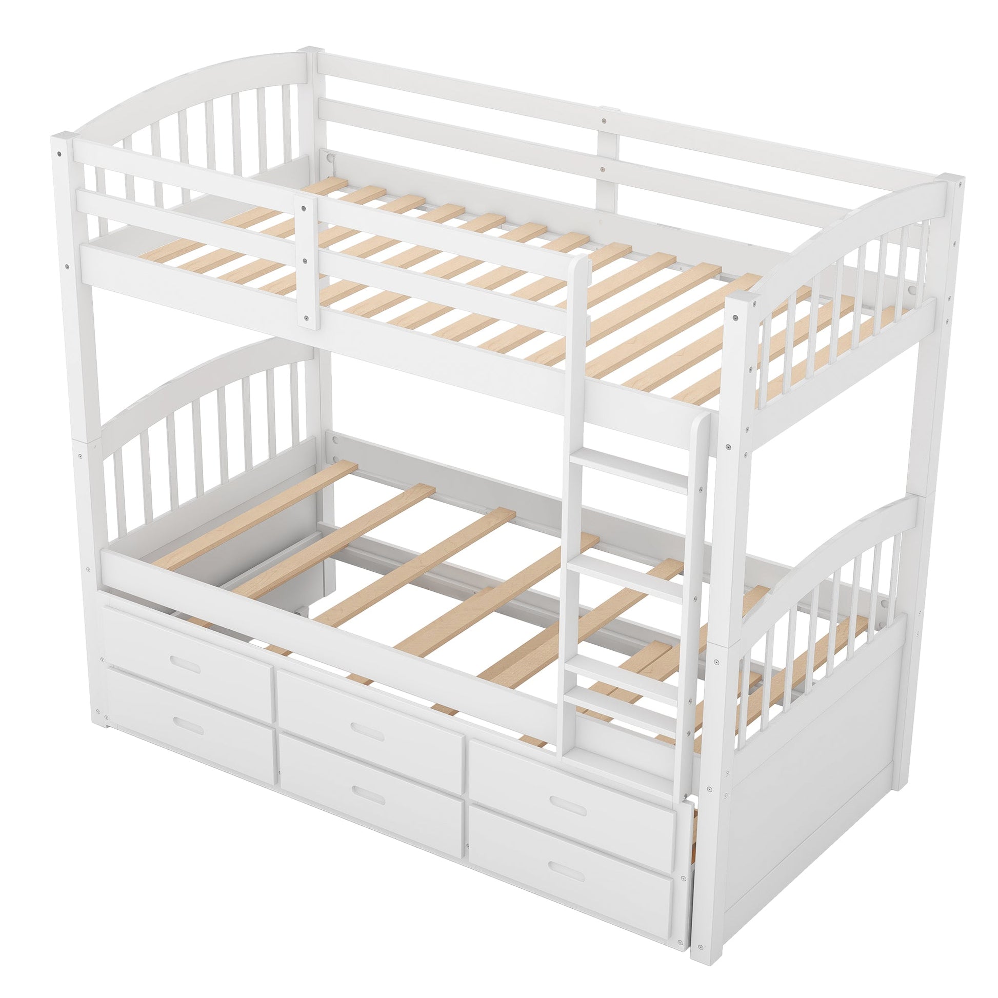 Twin over Twin Wood Bunk Bed with Trundle and Drawers White - Korvel