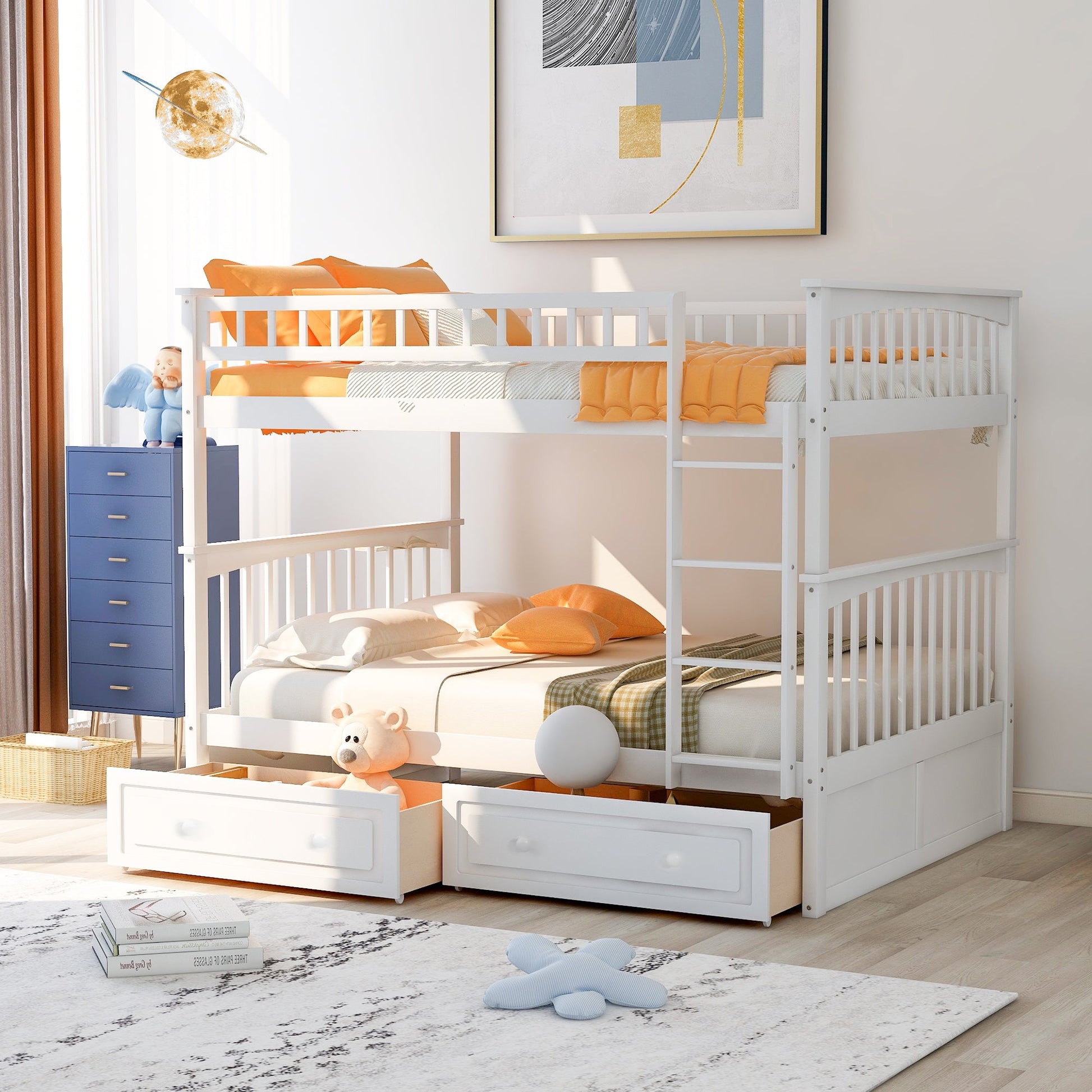Full over Full Bunk Bed with Drawers  Convertible Beds  White - Korvel