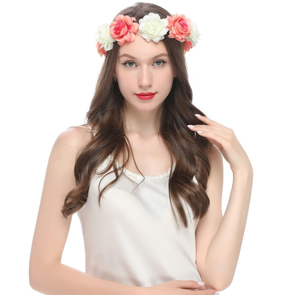 Bohemian Beach Rose Blossom Hair Hoop Bride Flower Ring Hair Strap - Korvel