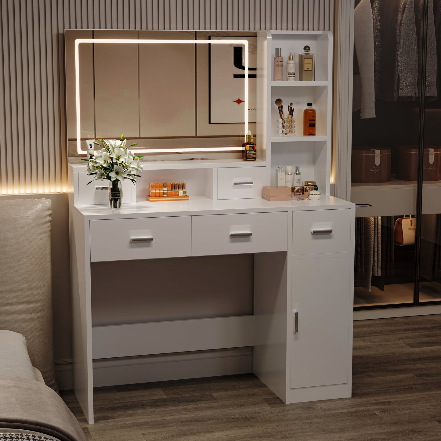 Smart mirror dressing table with drawers and storage cabinets, dressing table with bedroom dressing table, changing room - Korvel