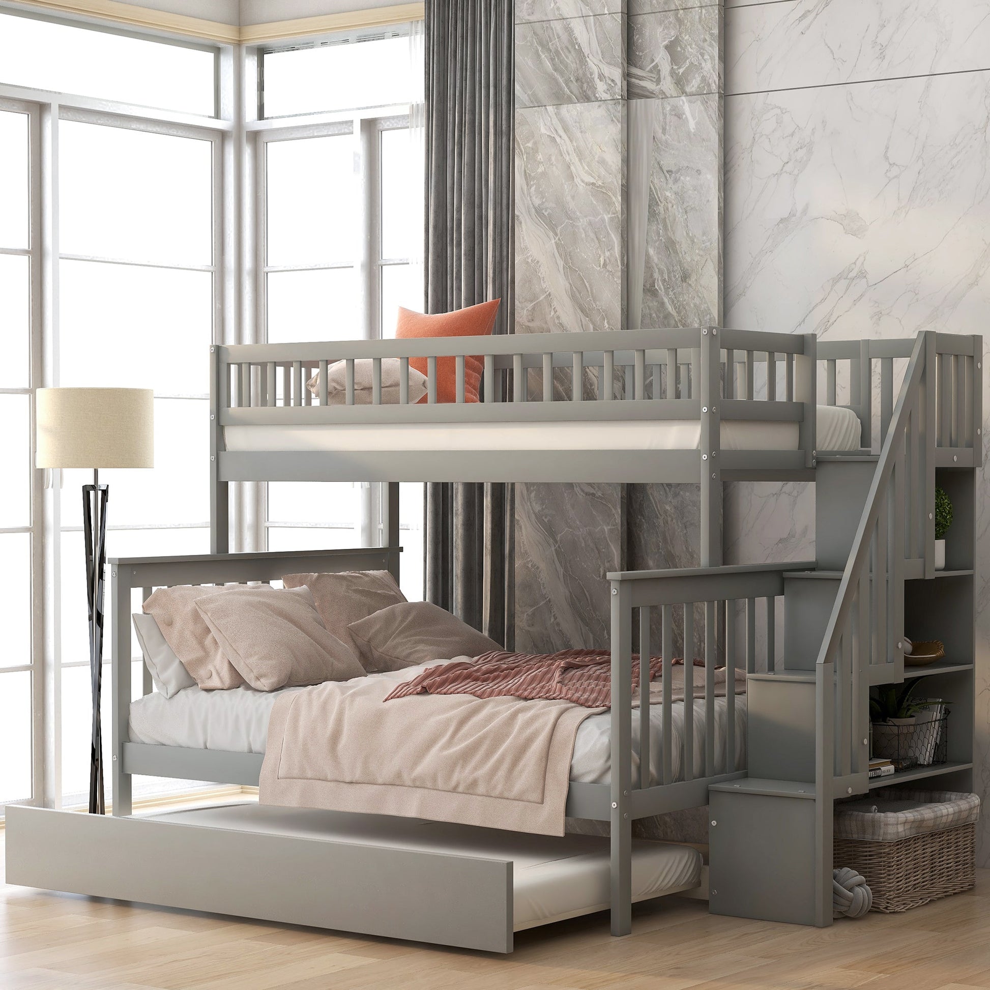 Twin over Full Bunk Bed with Trundle and Staircase Gray - Korvel