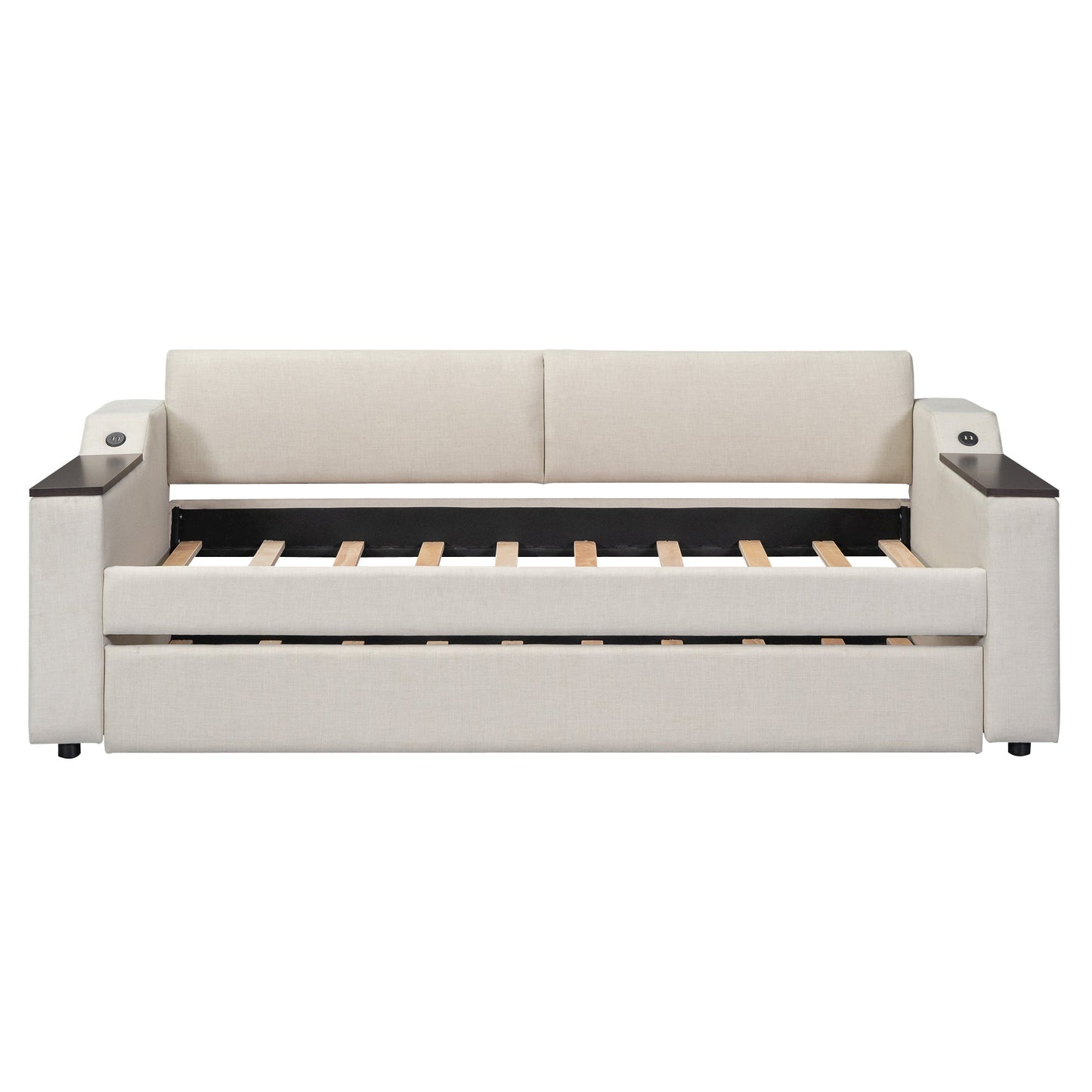 Twin Size Upholstery Daybed with Storage Arms and USB - Beige
