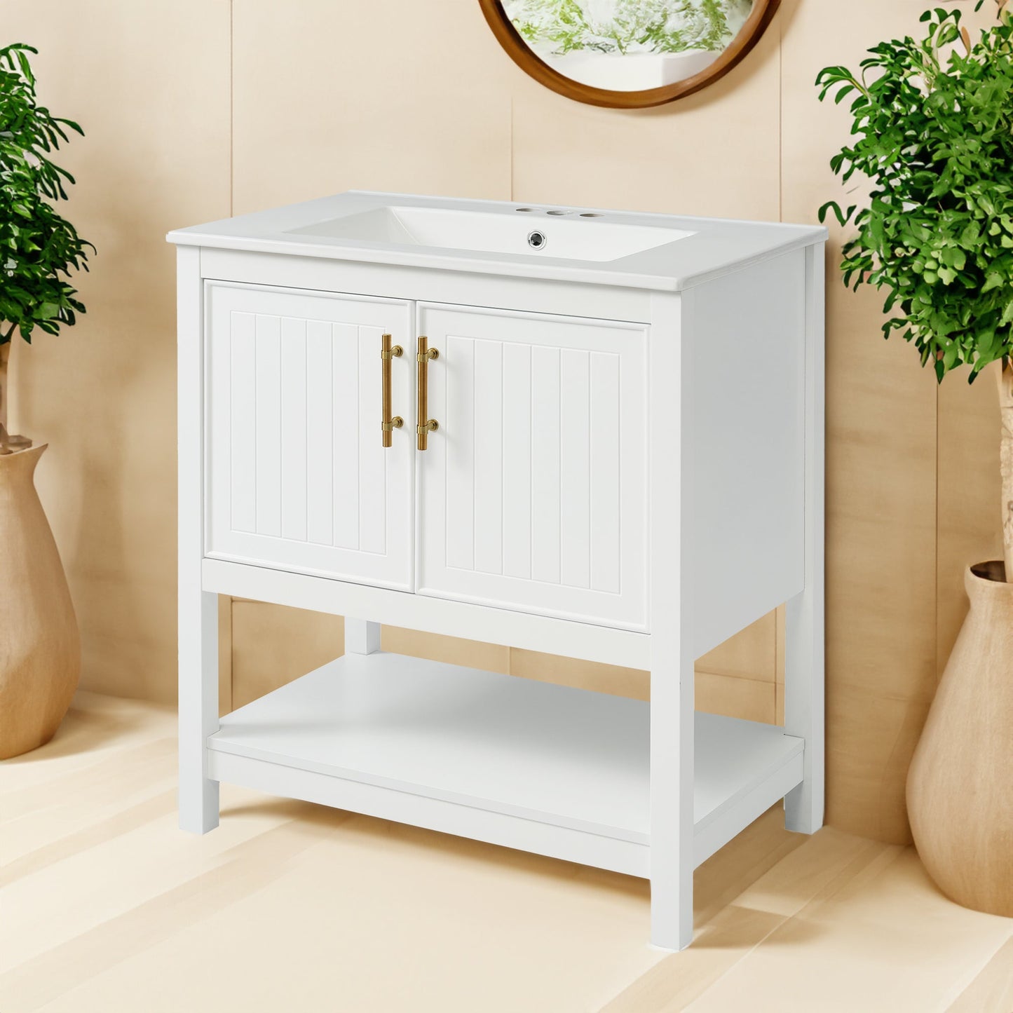 30-Inch White Bathroom Vanity with Ceramic Sink and Versatile Storage - Ideal for Small Bathrooms - Korvel