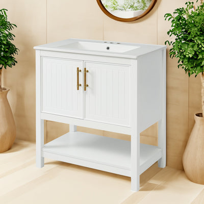 30-Inch White Bathroom Vanity with Ceramic Sink and Versatile Storage - Ideal for Small Bathrooms - Korvel