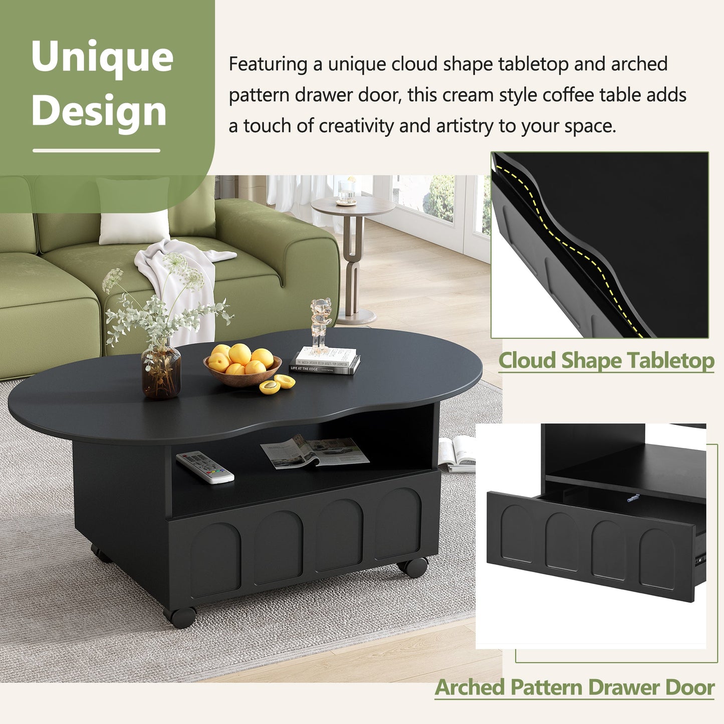 ON-TRANS flexible cream style coffee table with 2 brake wheels, drawers, large storage space,black, 39.37 '' x 23.6 '' - Korvel